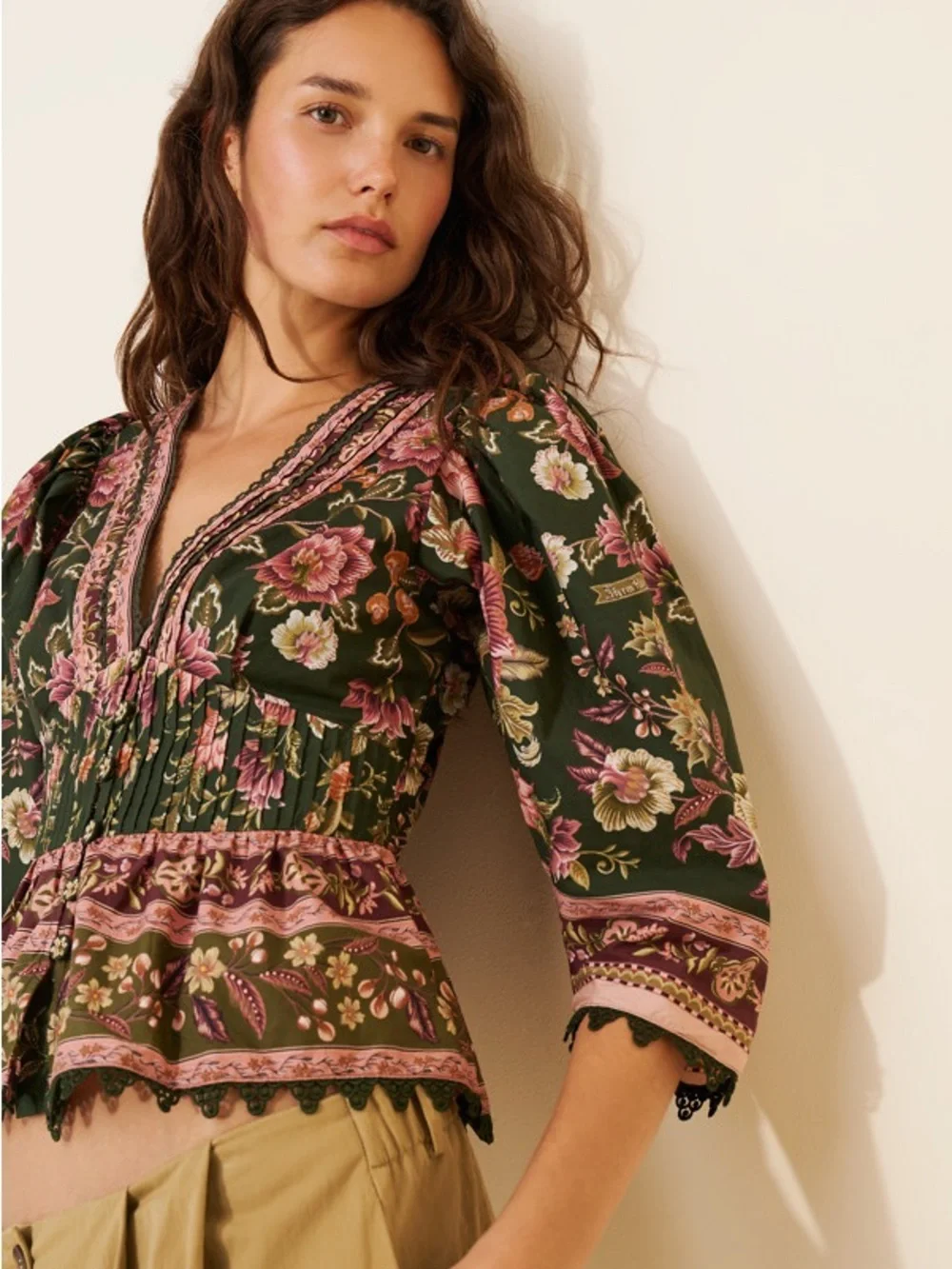 Farm Rio green floral puff sleeve blouse - XS